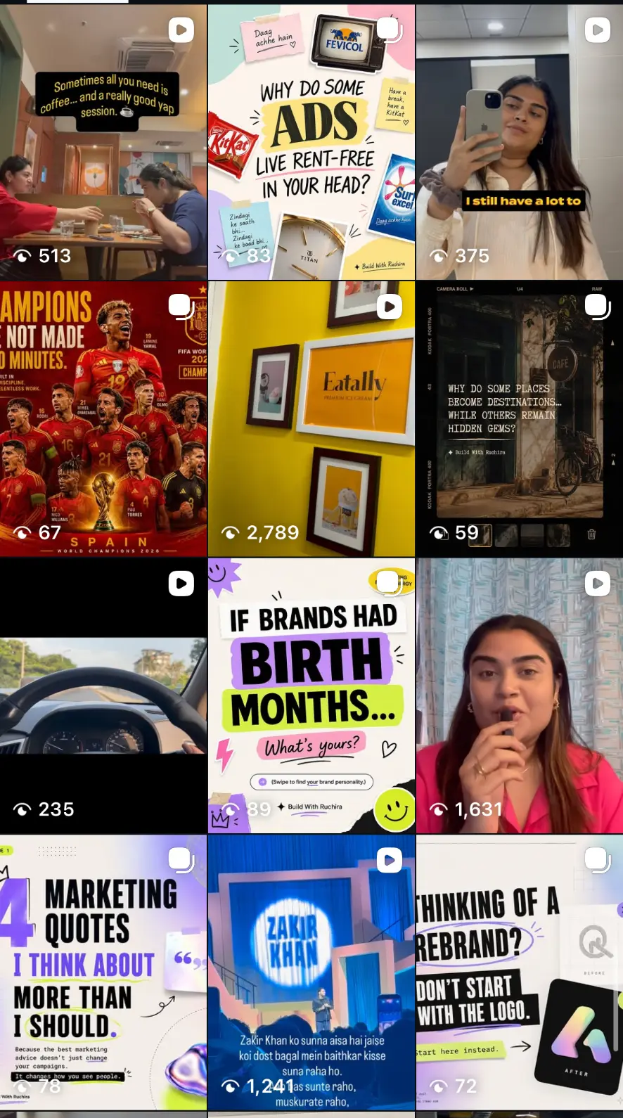 Build With Ruchira Instagram grid of marketing and branding content